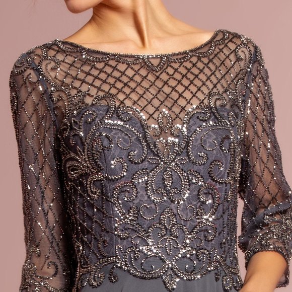 NEW CHARCOAL GRAY MOTHER OF BRIDE  Illusion Sweetheart Neck A-Line Dress GL2686 - Picture 2 of 7